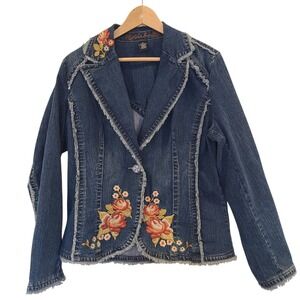 Kikit Jeans Womens XL Y2K Denim Blazer Floral Embroidered Frayed Western Jacket